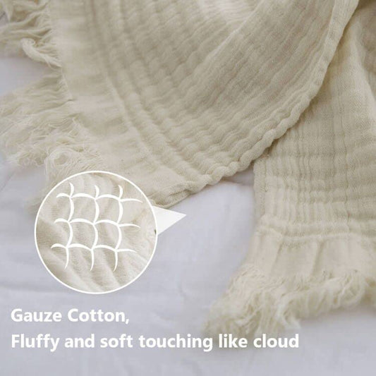 Simple&Opulence Cotton Muslin Throw Blanket for Bed, Couch, Knit Woven Gauze Blanket with Tassels, Soft Lightweight Cozy Pre-Washed Breathable Farmhouse Decoration for All-Season (Cream) - color: Cream