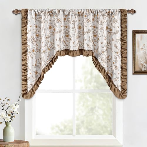 Yinhua Floral Valances for Windows, French Country Ruffle Swag Curtains, Linen Light Filtering Window Valances Rod Pocket Kitchen Curtains Valance for Living Room, 60" W x 36" L, 1 Panel, Brown - color: Brown, size: 60"W x 36"L (Pack of 1)