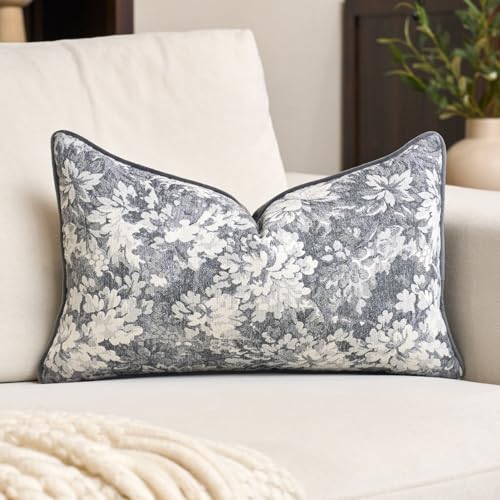 Alerfa Grey Neutral Floral Pillow Cover 12 x 20 Inch, Vintage Chenille Rectangle Couch Pillow Cover Soft Decorative Farmhouse Accent Pillowcase for Living Room Bedroom - color: Grey, size: 20" x 12" (Pack of 1)