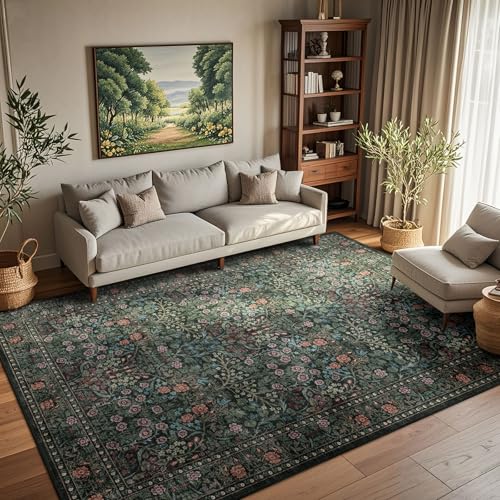 Floral 5x8 Living Room Area Rug - Black Green Boho Rugs for Bedroom - color: Black / Multi, size: 5' x 8' (Rectangular)