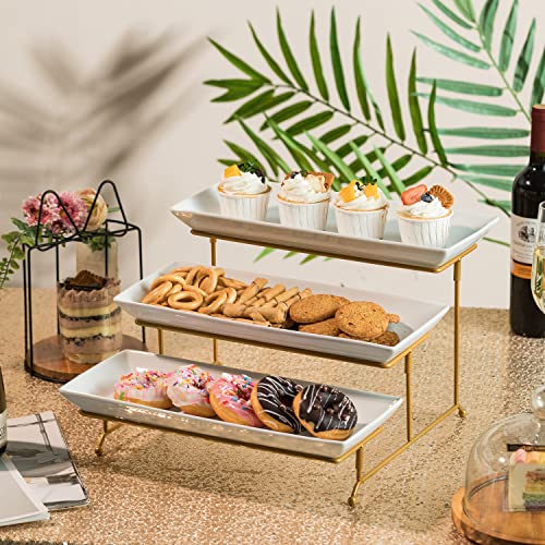 Gomakren 3 Tier Serving Stand, 14 Inch White Serving Platter with Trays - color: Gold, size: 15.7" x 13.5" x 9.2"