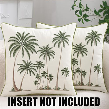 Palm Tree Embroidered Throw Pillow Covers 18x18 Pack of 2 - color: Tropical Palm Trees Green