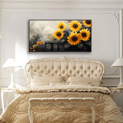 The Mode Art Sunflower Wall Art Canvas Painting, 30 x 58 inches, Black and Yellow Flower Canvas Prints Rustic Farmhouse Sunflower Pictures For Living Room Bedroom Wooden Frame - color: Yellow/Gray, size: 58"L x 30"W