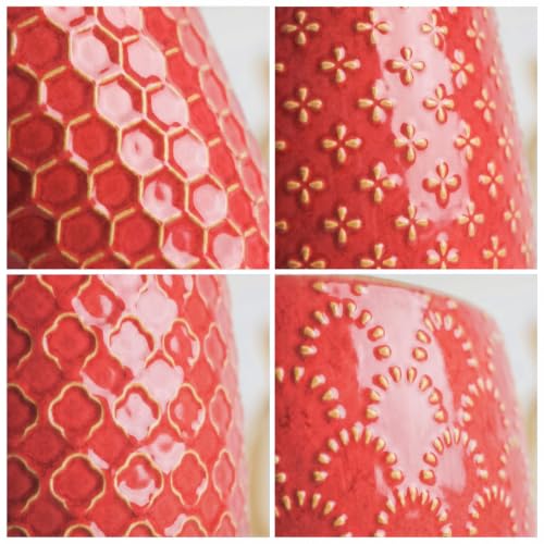 EFISPSS Ceramic Plant Pots, 5 Inch Planters with Drainage Holes and Ceramic Tray, Relief Design Flower Planter, Desktop Office Windowsill Decoration Gift Set of 4 - Magenta - color: Magenta