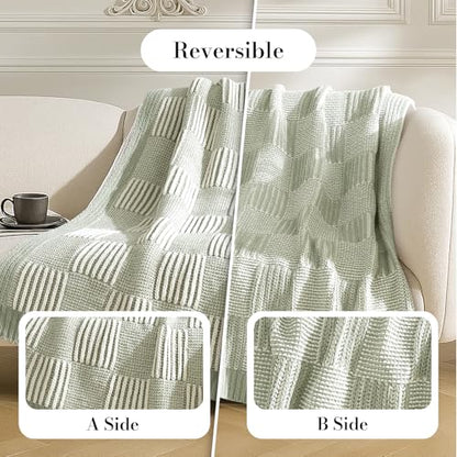 Amélie Home Checkered Knit Throw Blanket for Couch, Sage Green 50"x60" - color: Checkered Sage Green, size: 50" X 60"