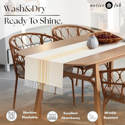 Native Fab Yellow Table Runner 108 Inches Long - Striped Table Cover with Fringes - 100% Cotton, Soft, Tight Weave, Non Slip Tablerunner for Dining, Wedding - Pale Yellow, White (14x108 inches) - color: Pale Yellow White, size: 14x108