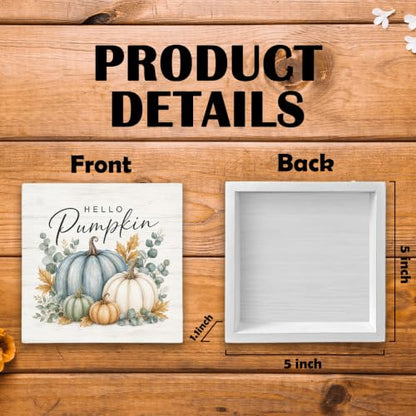 Fall Pumpkin Eucalyptus Botanical Wood Box Sign Desk Decor 5X5 - color: Dusty Blue & White