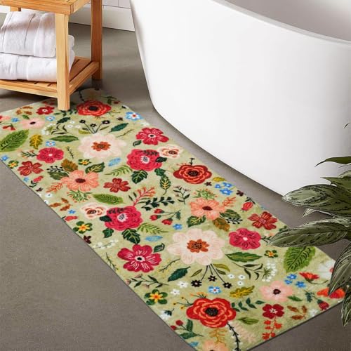 Floral Green Bathroom Rugs Large Long Bath Mat, Washable Bathroom Runner Rugs 24 x 60 Non Slip, Cute Flower Rug for Bathtub Floor - color: Floral Green, size: 2' x 5' (Runner)
