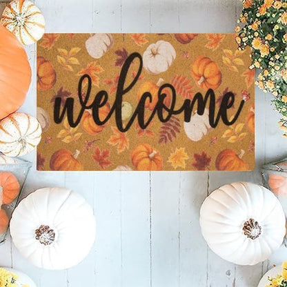 IZUS Fall Hello-Pumpkin Welcome-Doormats Outdoor-Entrance Autumn Harvest-Festival Non-Slip Frontdoor Mat 17x29inch - color: Harvest Pumpkin