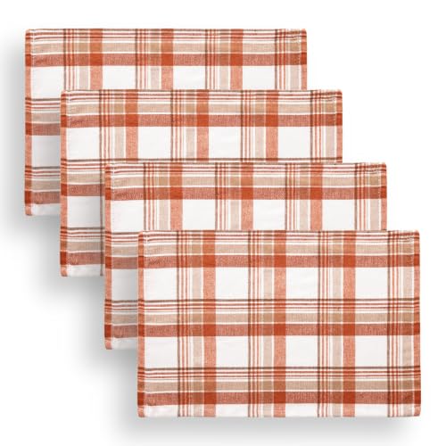 AQOTHES Fall Plaid Placemats Set of 4 Orange White Checked Table Mats 12×18 - color: Orange White