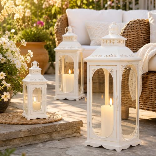 TRIROCKS Set of 3 Vintage Candle Lanterns 10/14/19.5'' High Decorative Outdoor Lantern Metal Candle Holder with Tempered Glass for Home Living Room Garden Yard Parties Events Indoors Outdoors (White) - color: White, size: Set of 3 (Small/Medium/Large)
