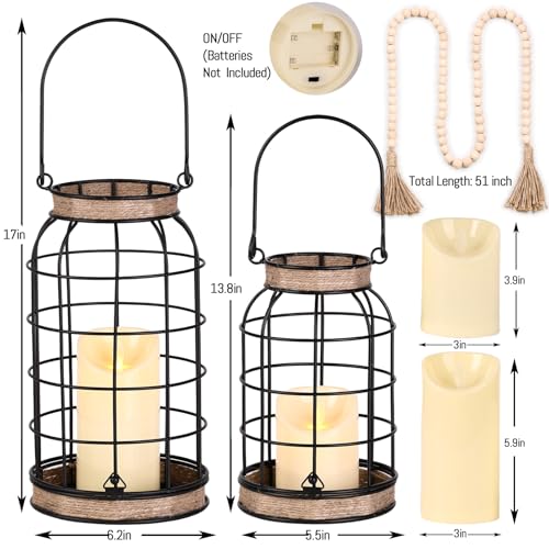 Rustic Farmhouse Candle Lantern, 2Pcs Decorative Lantern Decor with Candles