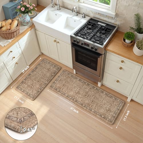 KIMODE Anti Fatigue Kitchen Mat, Boho Distressed Kitchen Rugs Sets of 2 - color: Brown/Multi, size: 47"L x 17.3"W x 0.47"Th + 29"L x 17.3"W x 0.47"Th