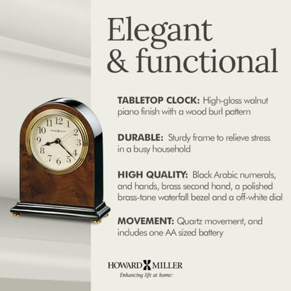 Howard Miller Bedford Tabletop Clock | Walnut Piano Finish, Brass-Tone Bezel, Quartz Movement, Off-White Dial – Home & Office Decor