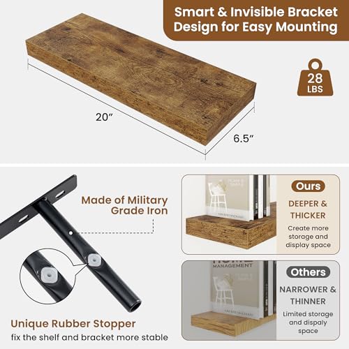 Floating Shelves for Wall, Wall Mounted Wood Shelves, Brown, Set of 2, 20in - color: Rustic Brown, size: 20"W x 6.5"D , 2 Pack