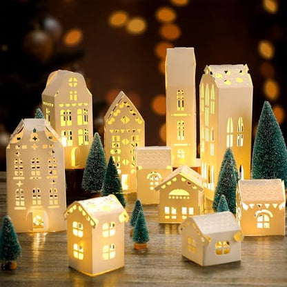 Chunful 20 Pack Christmas Village Houses Set with Light Paper Buildings