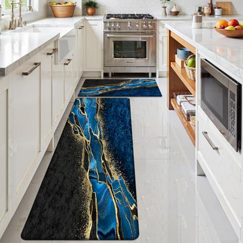 Kitchen Mats Set of 2, Cushioned Anti Fatigue Non Slip Waterproof Runner, Blue and Gold Marble Design, PVC Memory Foam for Kitchen Sink and Laundry - color: Blue Marble 2