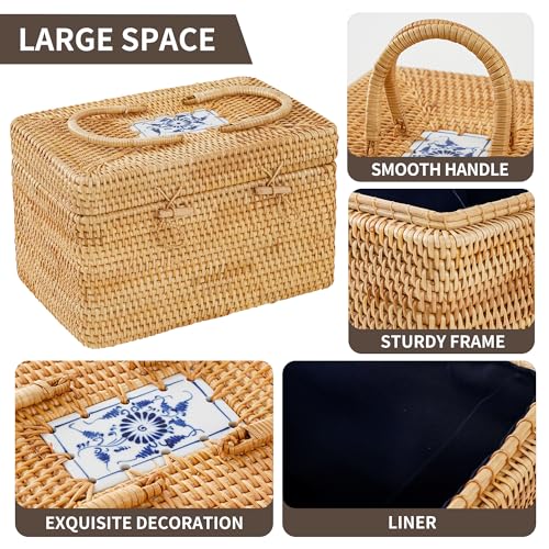 Rattan Storage Basket with Lid – 12×8×7.5 inch for Home - size: 12"×8"×7.5"