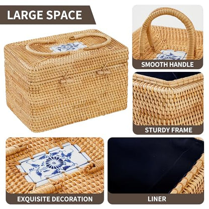 Rattan Storage Basket with Lid – 12×8×7.5 inch for Home - size: 12"×8"×7.5"