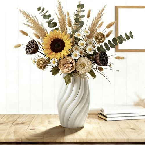 Rustic White Ceramic Vase for Home Decor,Antique Farmhouse Clay Jug Pitcher Vases for Aesthetic Textured Large Vintage Pottery with Handle for Centerpiece (8.2'')… - size: 8.2''A