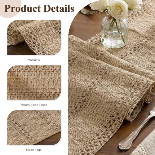 Burlap Boho Table Runner Macrame Brown 60in Farmhouse Woven Runner - color: Brown, size: 12'' x 60''