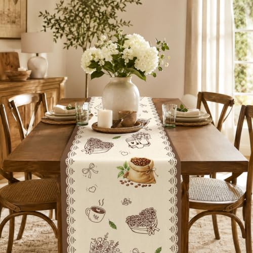 Retro Coffee Cup Table Runner, Farmhouse Rustic Linen Runner 13x72 in - color: Brown