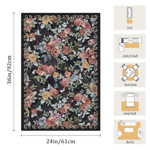 Washable 2x3 Small Area Rug, Navy Boho Floral Non-Slip Entryway Door Mat - color: Dark Navy, Dusty Rose, Mustard and Blue Grey, size: 2' x 3' (Rectangular)