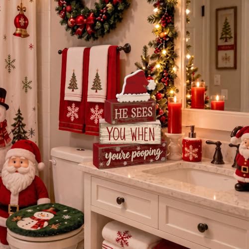 Moucuny 4 Pcs Christmas Bathroom Decorations, Funny Christmas Wooden Signs - style: Christmas Bathroom