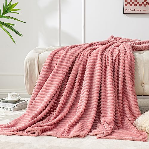 BEDELITE 3D Ribbed Jacquard Pink Fleece Twin Blanket for Couch, 60x80 Inch - color: Dusty Pink, size: Twin(60"x80")