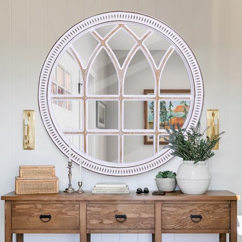 Round Window Mirror Wood 30 Inch Rustic Farmhouse Wall Mirrors for Entryway - color: D - 30 in