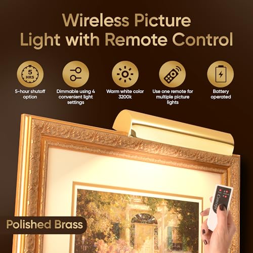 Concepdesigns Picture Light, Battery Operated Picture Light, Dimmable Wireless Picture Lights for Wall, Art Light, Library Light Battery Operated with Remote Control - 7.75 inches, Polished Brass - color: Polished Brass, size: 7.75 inch