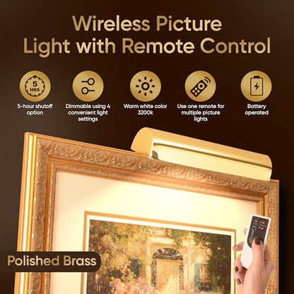 Concepdesigns Picture Light, Battery Operated Picture Light, Dimmable Wireless Picture Lights for Wall, Art Light, Library Light Battery Operated with Remote Control - 7.75 inches, Polished Brass - color: Polished Brass, size: 7.75 inch