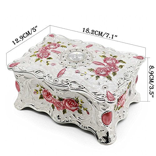 Luxury Vintage Rectangle Metal Alloy Jewelry Box Trinket Organizer Storage Box with Rose Pattern for Women, Girls, Two-Layer Design, White & Pink, Large - color: White & Pink