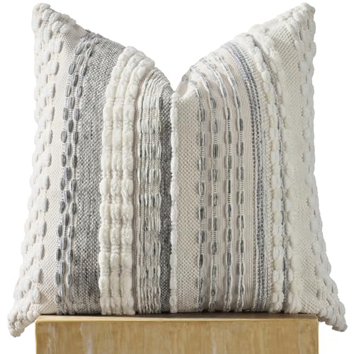 AmHoo Chenille Tufted Striped Textured Boho Throw Pillow Covers Aesthetic Woven Decorative Pillow Case for Couch Bed Sofa Bedroom Modern Funky 18 x 18-Inch White Grey - color: White Grey, size: 18" x 18" (Pack of 1)