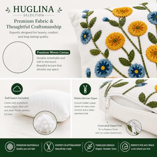 Selection Embroidered Floral Throw Pillow, 18x18 Inch Decorative Pillow with Insert Included, Ivory White Woven Canvas Cushion, Yellow & Blue Wildflower Embroidery, Hidden Zipper, Home Decor