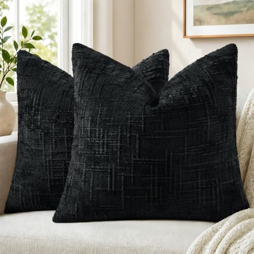 Pallene Black Textured Chenille Throw Pillow Covers 22x22 Set of 2 - color: Black, size: 22" x 22" (Pack of 2)