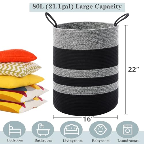 80L Large Black Laundry Hamper Tall Woven Laundry Basket - color: Black
