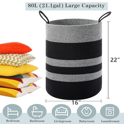 80L Large Black Laundry Hamper Tall Woven Laundry Basket - color: Black