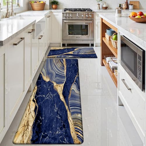 Kitchen Mats Set of 2, Cushioned Anti Fatigue Non Slip Waterproof Runner, Blue Marble and Golden Veins Design, PVC Memory Foam for Kitchen Sink and Laundry - color: Blue Marble 1