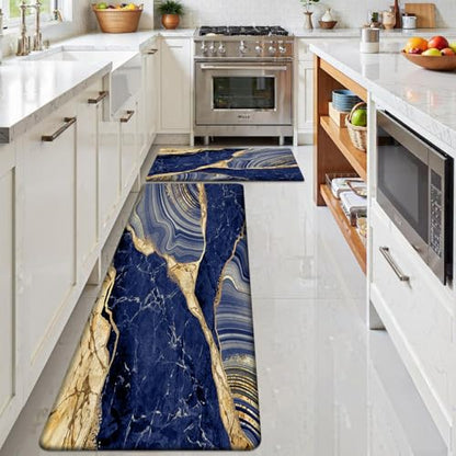 Kitchen Mats Set of 2, Cushioned Anti Fatigue Non Slip Waterproof Runner, Blue Marble and Golden Veins Design, PVC Memory Foam for Kitchen Sink and Laundry - color: Blue Marble 1