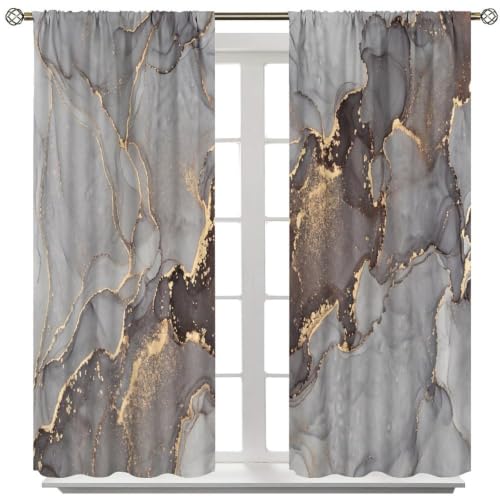 Marble Curtains, Gray Gold Abstract Geometry Pattern Texture Window Treatments for Bedroom Living Room, Grey Luxury Marble Drape 2 Panel Sets,42x45 Inch Decor - color: Marble-3, size: 21"W x 44.5"L (Pack of 2)