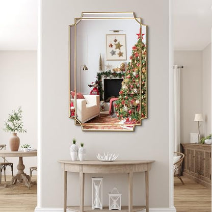 48"x32" Large Rectangle Beveled Mirror with Gold Geometric Frame - color: Gold, size: 48"L x 31.6"W