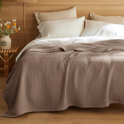 Bedsure Lightweight 100% Cotton Waffle Blanket, Queen, Coffee Brown - color: Coffee Brown, size: Queen (90" X 90")