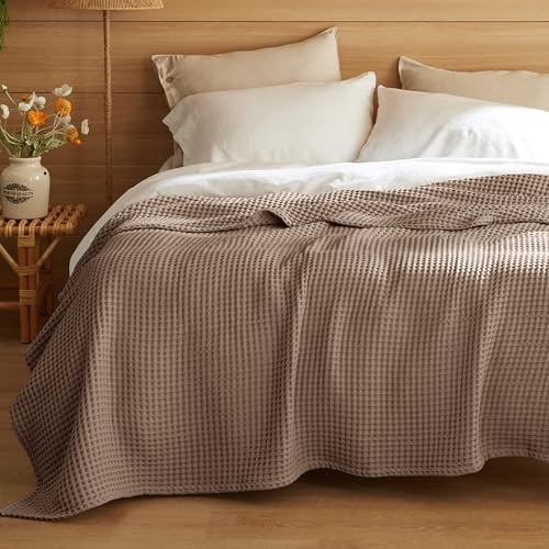 Bedsure Lightweight 100% Cotton Waffle Blanket, King, Coffee Brown - color: Coffee Brown, size: King (108" X 90")