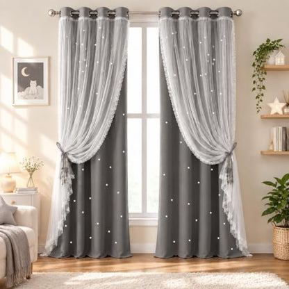 Grey Kids Star Cutout Blackout Curtains for Bedroom 52"W x 108"L 2 Panels - color: Grey, size: 52"W x 108"L (Pack of 2)