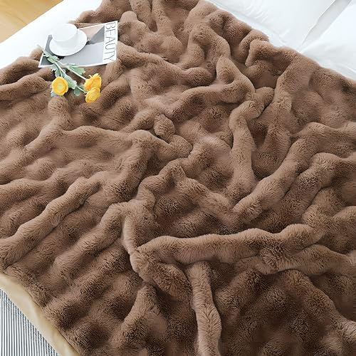 UKELER Soft Faux Fur Throw Blanket Solid Reversible Shaggy Blanket Plush Thick Fluffy Blankets Throws for Bed, Couch, Sofa, Office, Camping 50''x60'' Brown - color: D-brown, size: 50''x60''