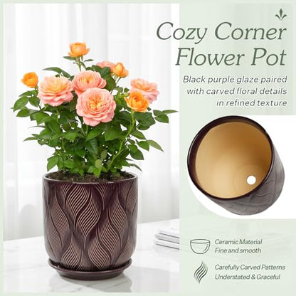 7.2 Inch Modern Ceramic Glaze Plant Pot with Drainage Hole,Mesh Net,Saucer,Indoor Outdoor Planter(Leaf-Dark Purple) - color: Leaf-dark Purple