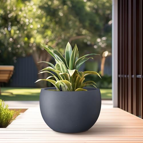 Kante Accent Round Bowl Charcoal Concrete Planter 15.7" Dia, Outdoor - color: Charcoal, size: 15.7" d