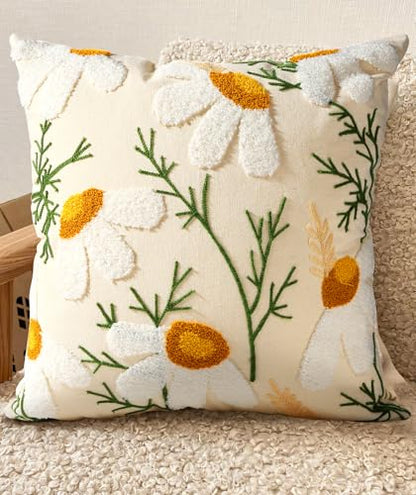 Embroidered Throw Pillow Cover, 18x18 Inch, Daisy - color: Daisy, size: 18" x 18" (Pack of 1)