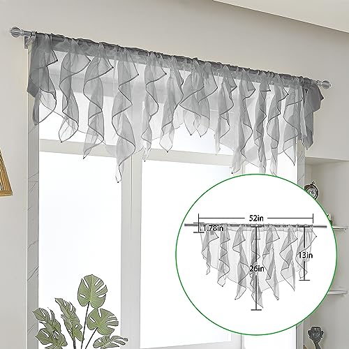 PearAge Ruffled Voile Semi Sheer Curtain Valance, Kitchen Living Room Shabby Chic Ruffle Valance Curtains, Girls Daughters Bedroom Cascade Window Valance 52x26 Inches (Grey-Triangle) - color: Grey